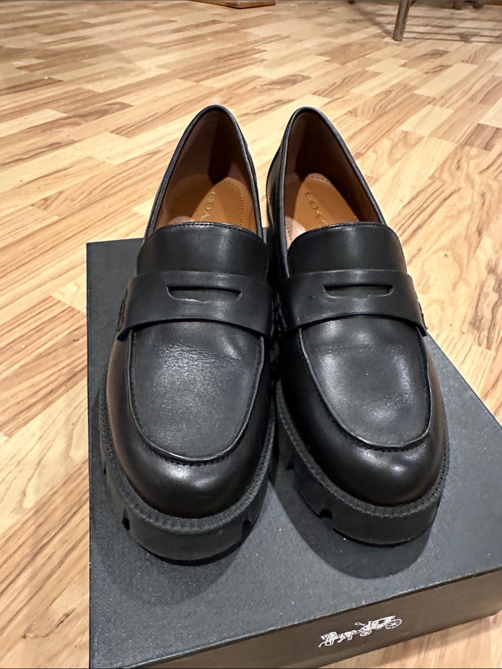 Coach Black Leather Lug Sole Block Heel Loafers - Picture 6 of 8